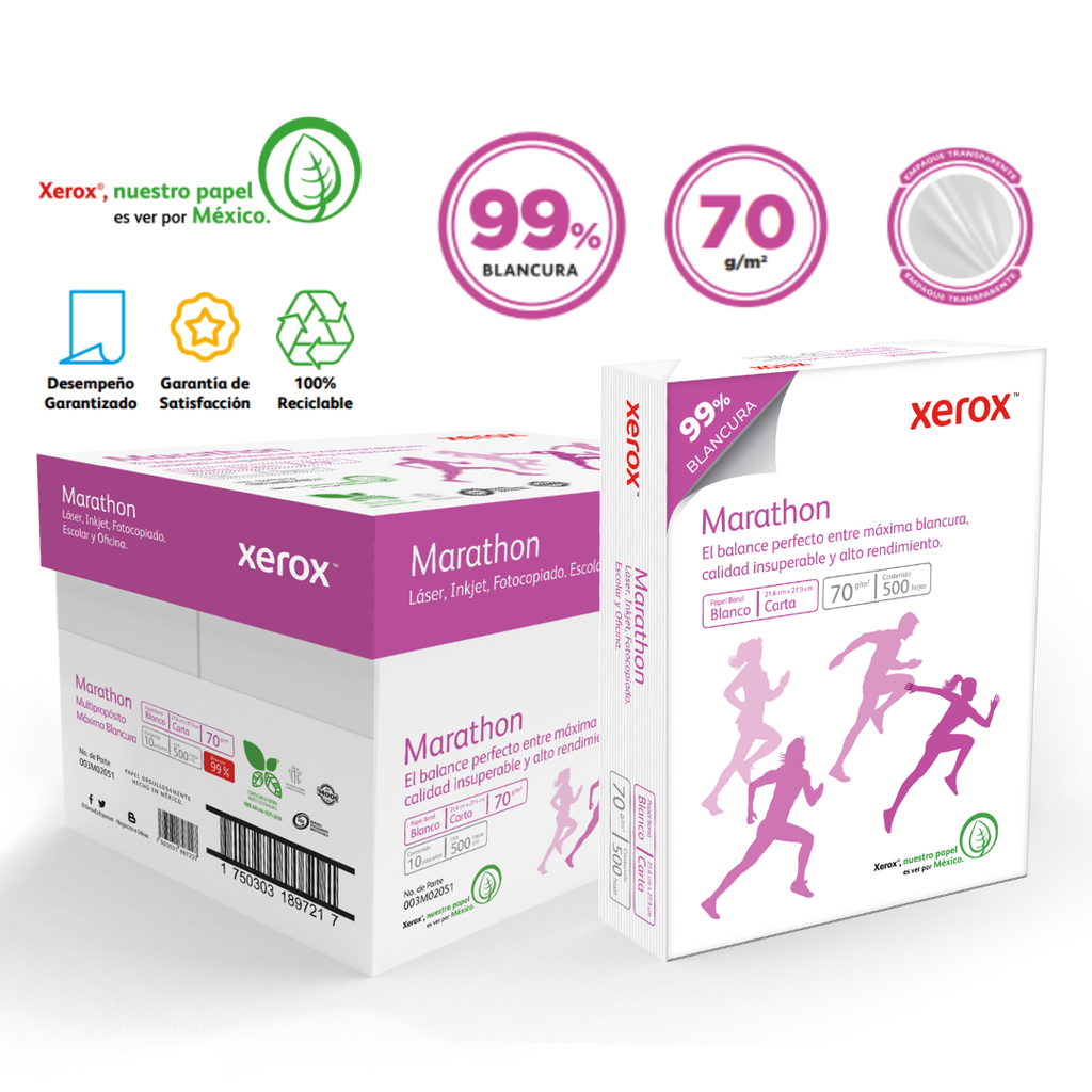 Papel Bond Xerox Marathon Carta 70 g/m² 99% de Blancura Caja con 10 Paquetes de 500 Hojas c/u